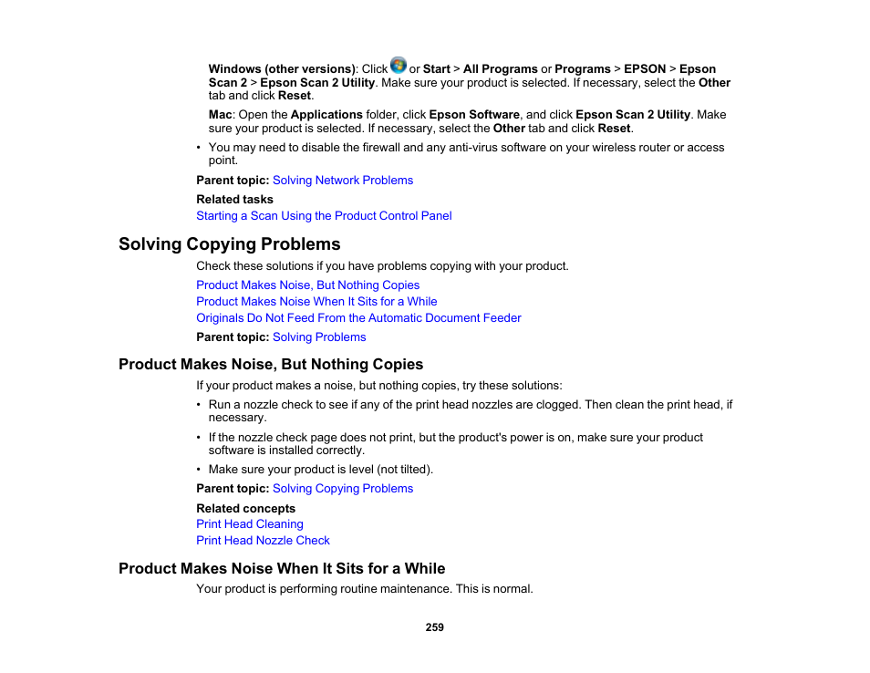 Solving copying problems, Product makes noise, but nothing copies, Product makes noise when it sits for a while | Epson WorkForce WF-2930 Wireless All-in-One Color Inkjet Printer User Manual | Page 259 / 327