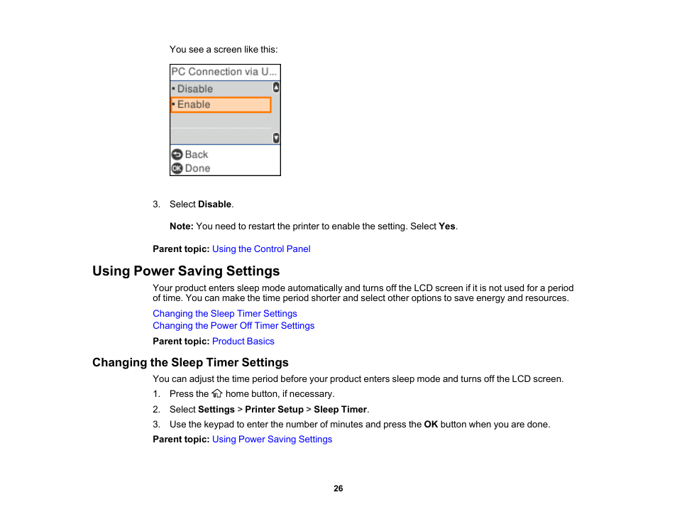 Using power saving settings, Changing the sleep timer settings | Epson WorkForce WF-2930 Wireless All-in-One Color Inkjet Printer User Manual | Page 26 / 327