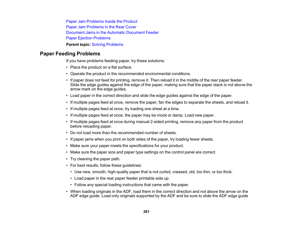 Paper feeding problems | Epson WorkForce WF-2930 Wireless All-in-One Color Inkjet Printer User Manual | Page 261 / 327