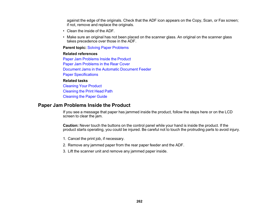 Paper jam problems inside the product | Epson WorkForce WF-2930 Wireless All-in-One Color Inkjet Printer User Manual | Page 262 / 327