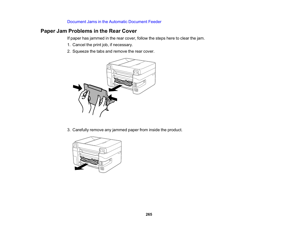 Paper jam problems in the rear cover | Epson WorkForce WF-2930 Wireless All-in-One Color Inkjet Printer User Manual | Page 265 / 327