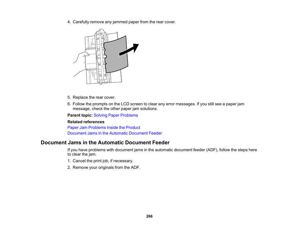 Document jams in the automatic document feeder | Epson WorkForce WF-2930 Wireless All-in-One Color Inkjet Printer User Manual | Page 266 / 327