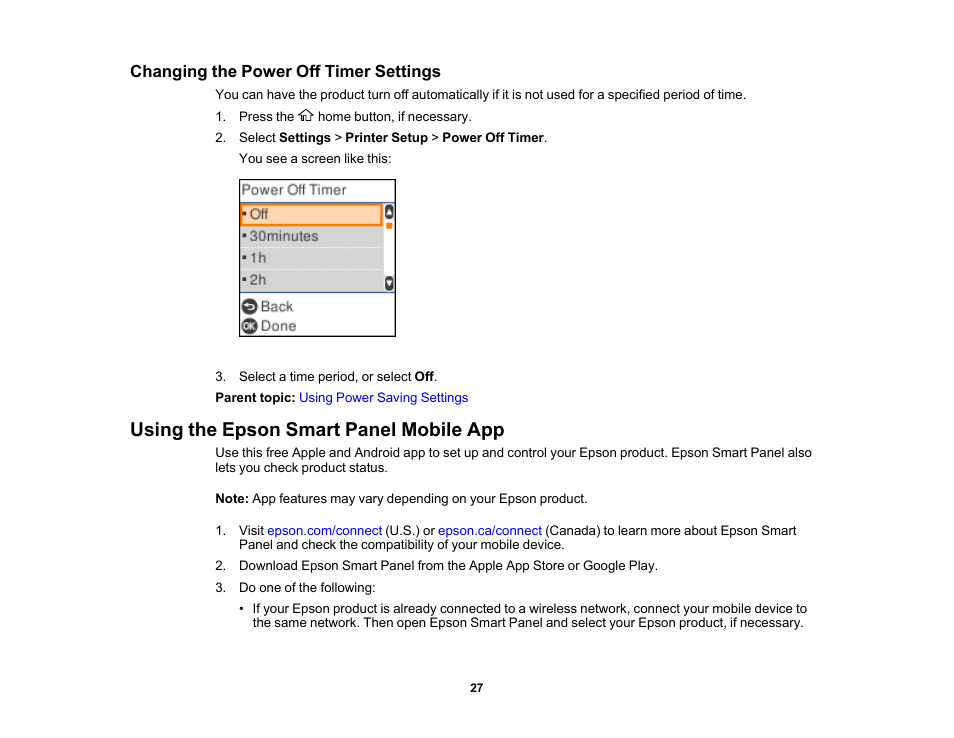 Changing the power off timer settings, Using the epson smart panel mobile app | Epson WorkForce WF-2930 Wireless All-in-One Color Inkjet Printer User Manual | Page 27 / 327