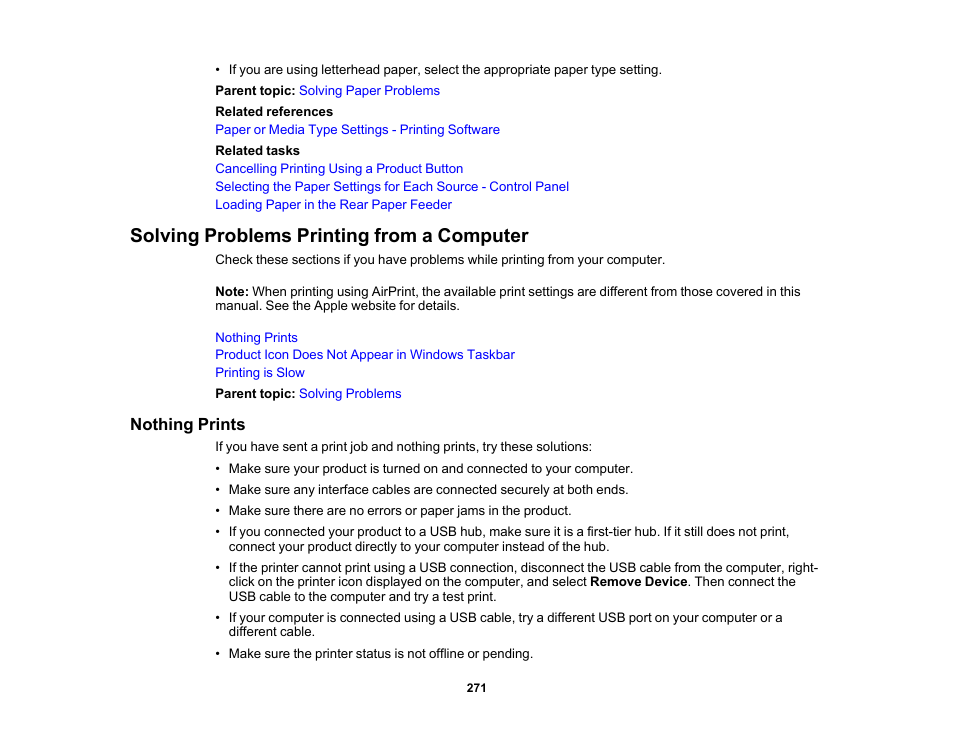 Solving problems printing from a computer, Nothing prints | Epson WorkForce WF-2930 Wireless All-in-One Color Inkjet Printer User Manual | Page 271 / 327