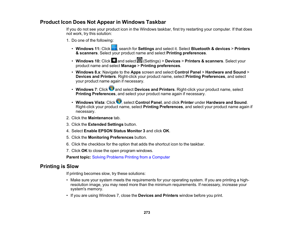 Product icon does not appear in windows taskbar, Printing is slow | Epson WorkForce WF-2930 Wireless All-in-One Color Inkjet Printer User Manual | Page 273 / 327