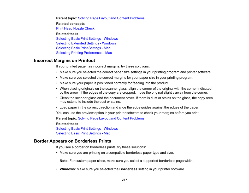 Incorrect margins on printout, Border appears on borderless prints | Epson WorkForce WF-2930 Wireless All-in-One Color Inkjet Printer User Manual | Page 277 / 327