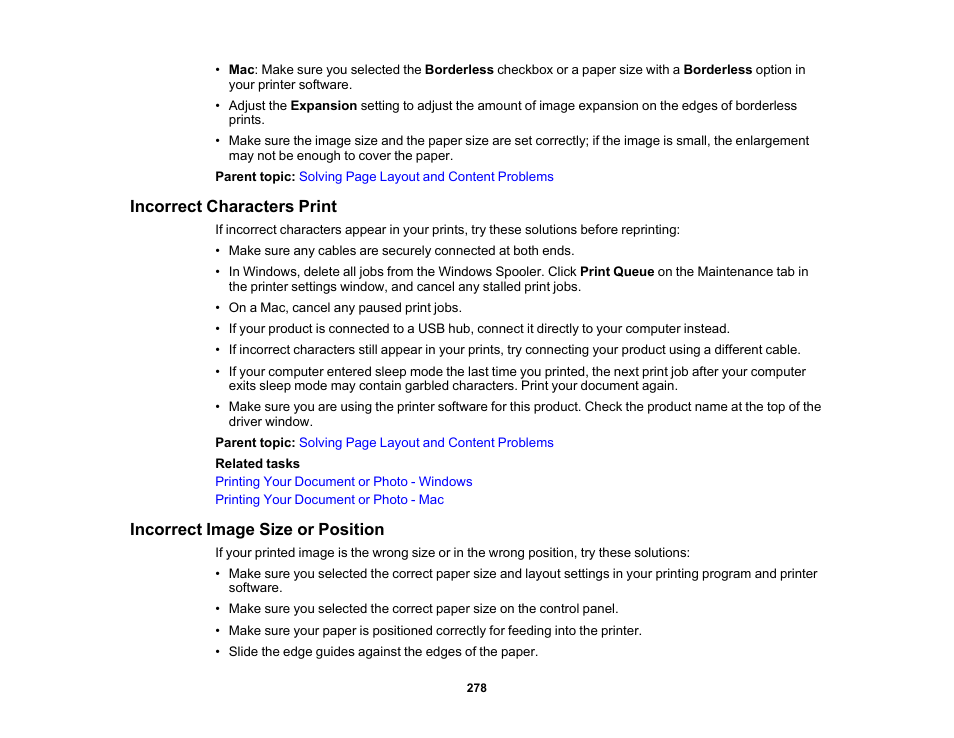 Incorrect characters print, Incorrect image size or position | Epson WorkForce WF-2930 Wireless All-in-One Color Inkjet Printer User Manual | Page 278 / 327