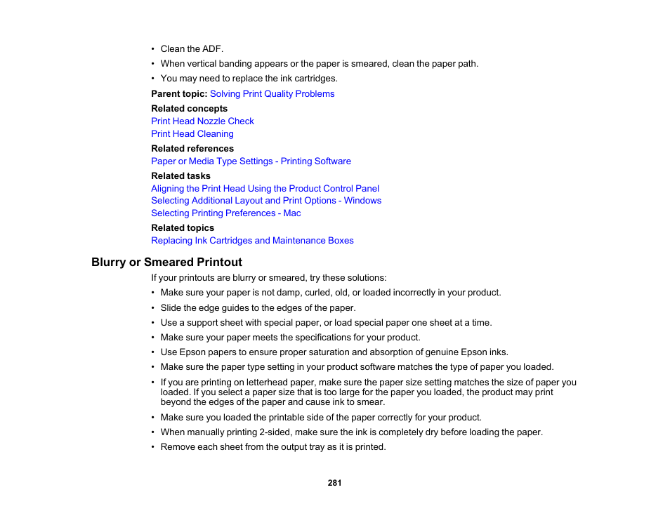 Blurry or smeared printout | Epson WorkForce WF-2930 Wireless All-in-One Color Inkjet Printer User Manual | Page 281 / 327