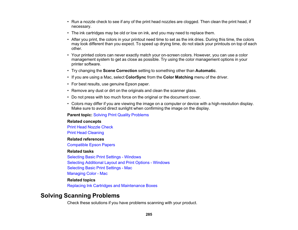 Solving scanning problems | Epson WorkForce WF-2930 Wireless All-in-One Color Inkjet Printer User Manual | Page 285 / 327