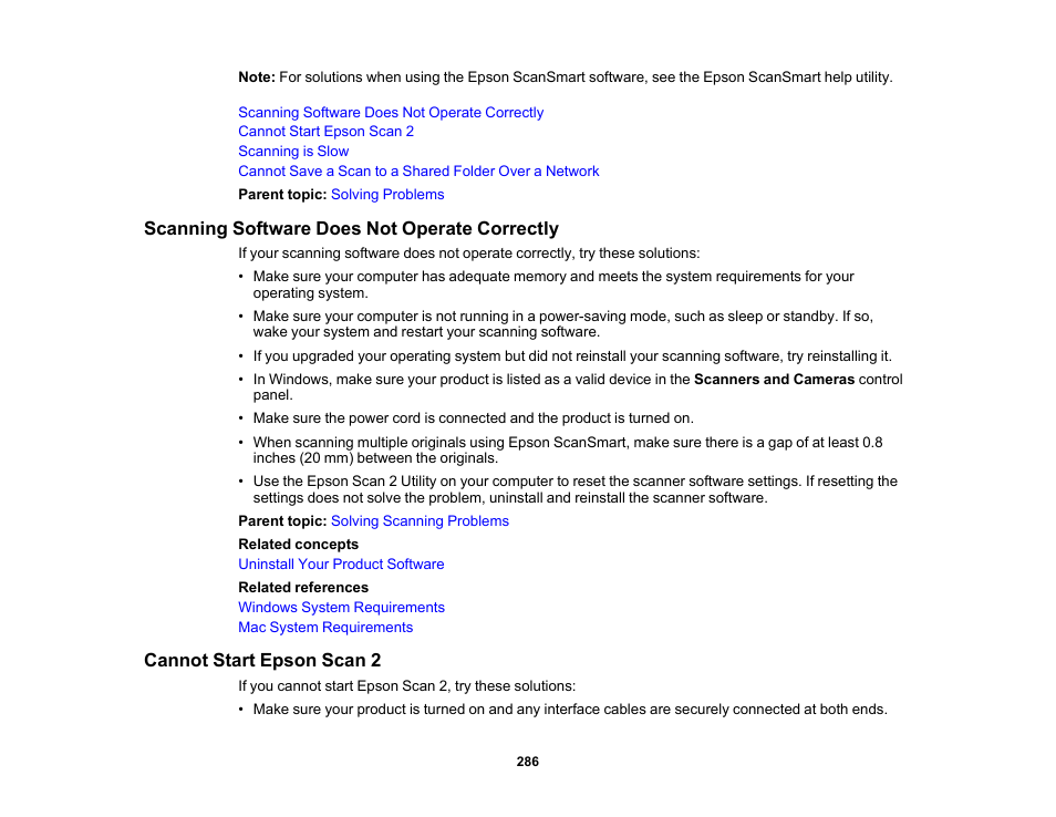 Scanning software does not operate correctly, Cannot start epson scan 2 | Epson WorkForce WF-2930 Wireless All-in-One Color Inkjet Printer User Manual | Page 286 / 327