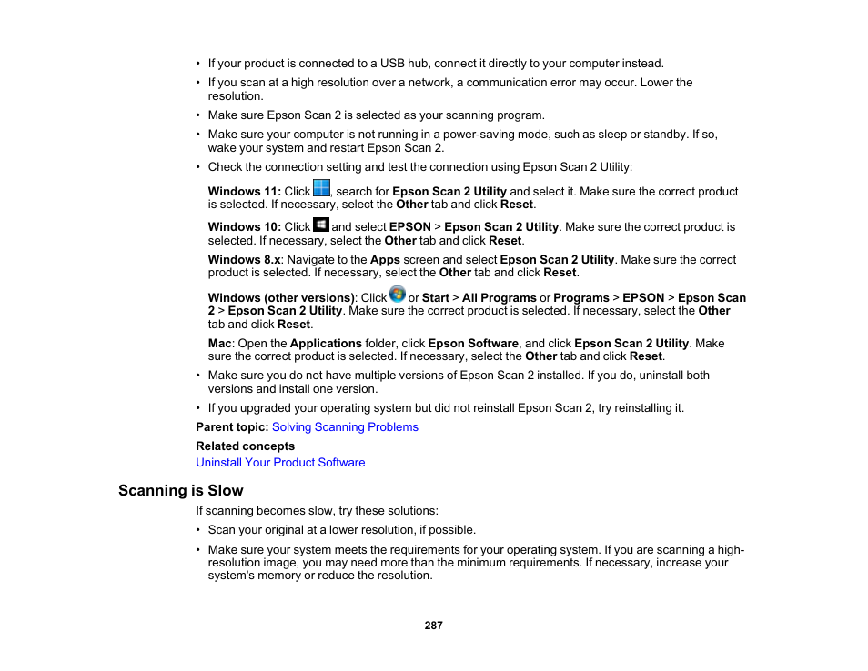 Scanning is slow | Epson WorkForce WF-2930 Wireless All-in-One Color Inkjet Printer User Manual | Page 287 / 327