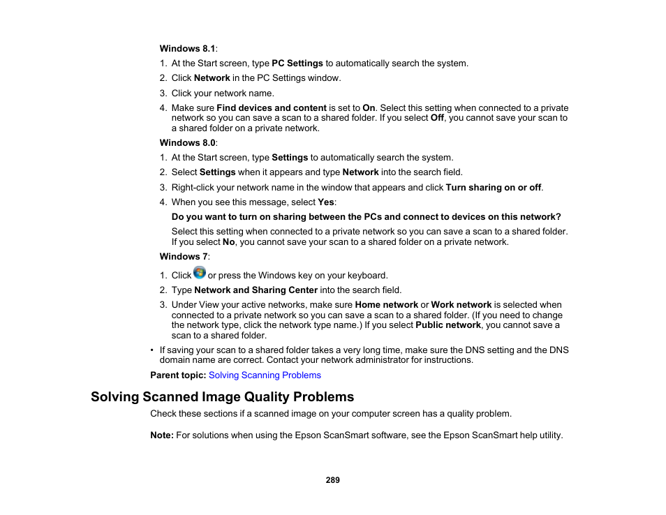 Solving scanned image quality problems | Epson WorkForce WF-2930 Wireless All-in-One Color Inkjet Printer User Manual | Page 289 / 327