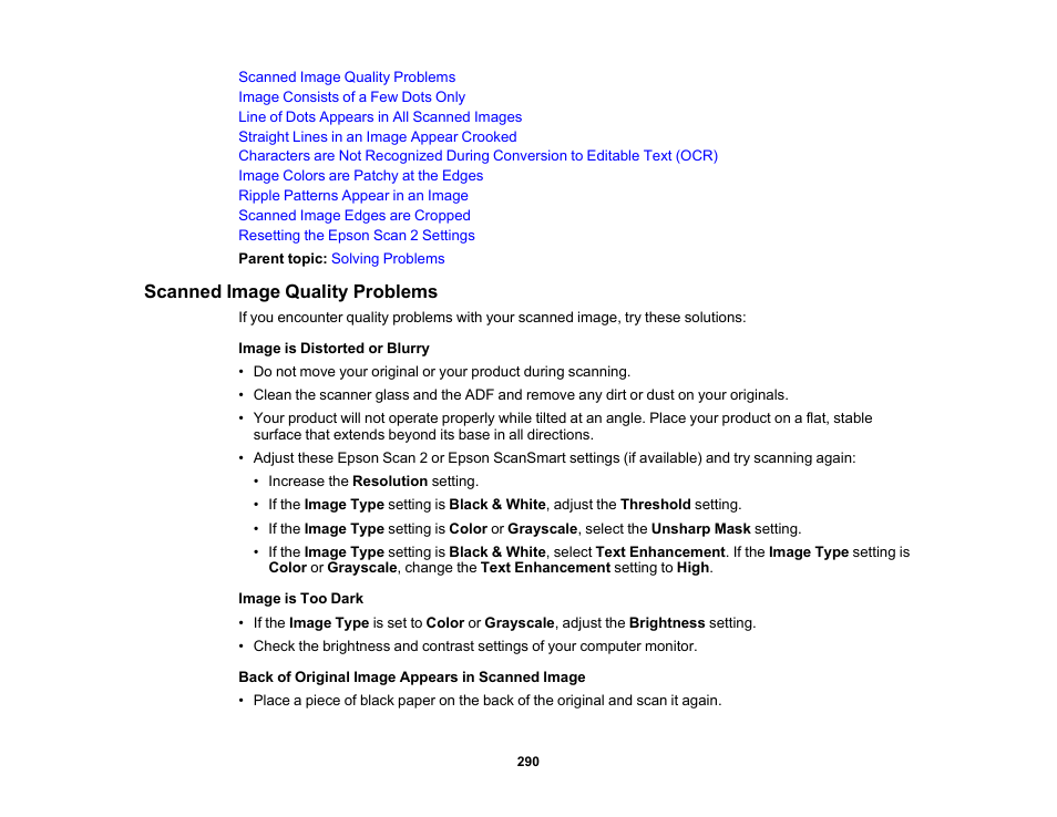 Scanned image quality problems | Epson WorkForce WF-2930 Wireless All-in-One Color Inkjet Printer User Manual | Page 290 / 327