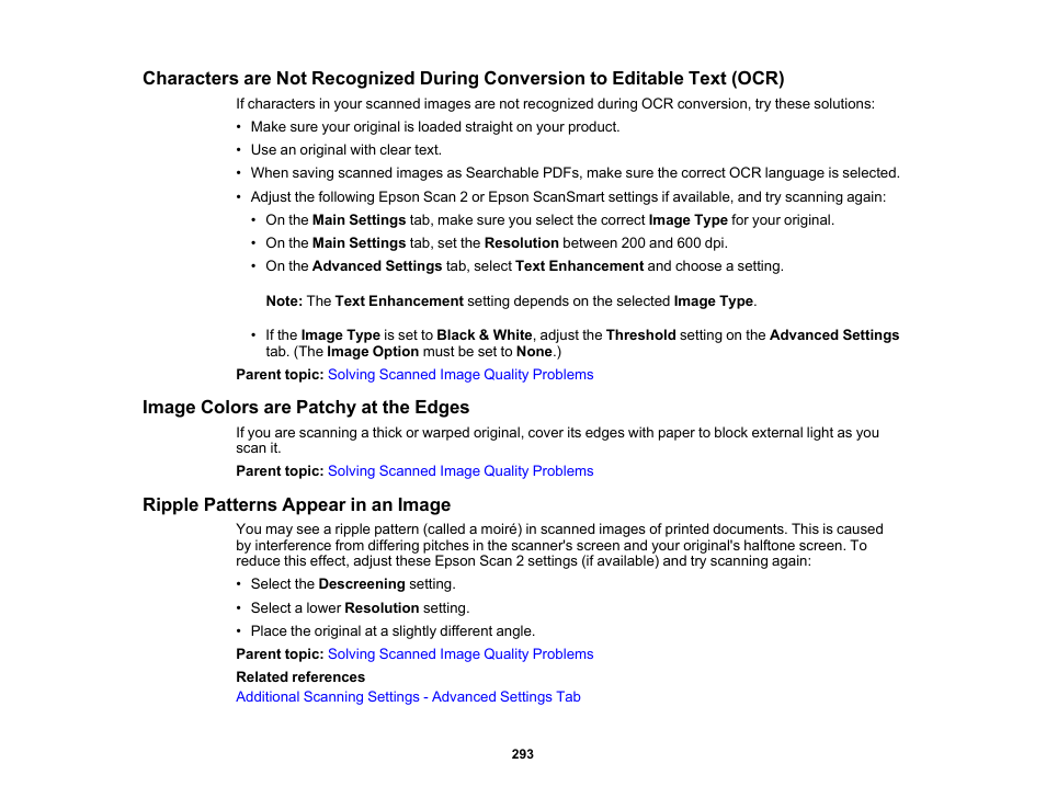 Image colors are patchy at the edges, Ripple patterns appear in an image | Epson WorkForce WF-2930 Wireless All-in-One Color Inkjet Printer User Manual | Page 293 / 327