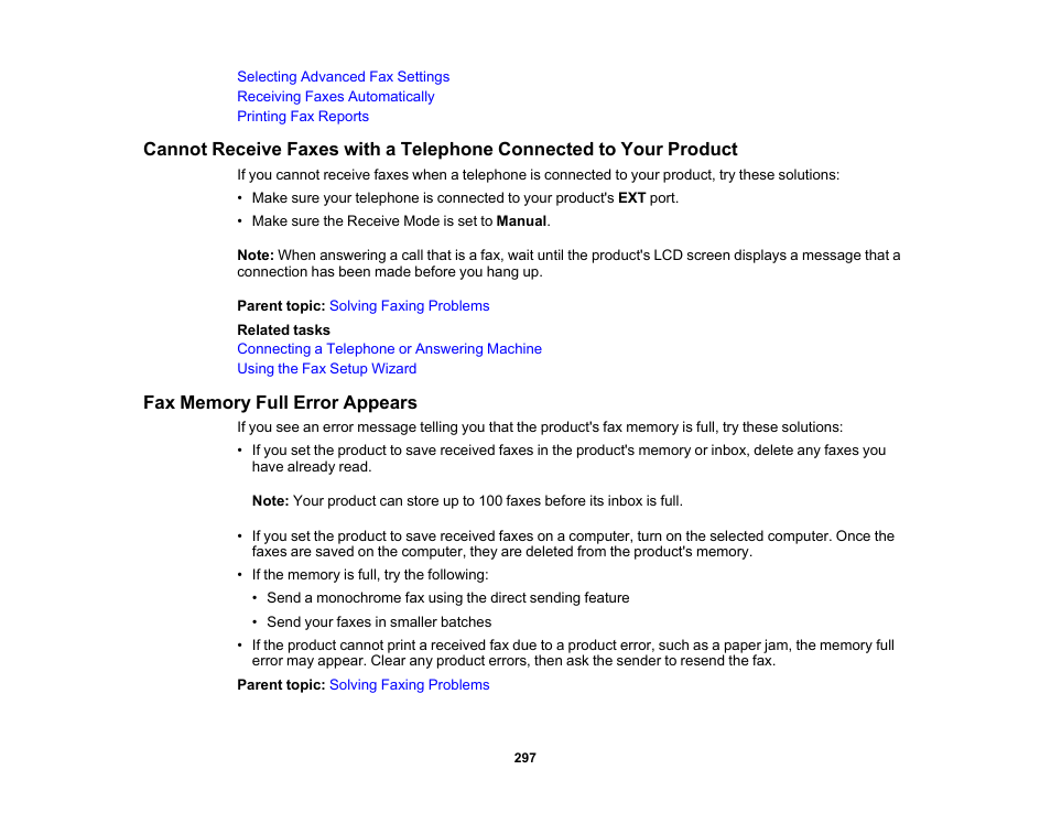 Fax memory full error appears | Epson WorkForce WF-2930 Wireless All-in-One Color Inkjet Printer User Manual | Page 297 / 327