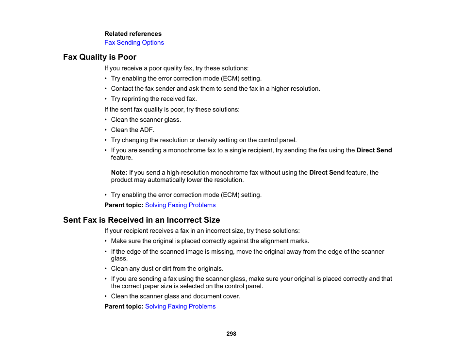 Fax quality is poor, Sent fax is received in an incorrect size | Epson WorkForce WF-2930 Wireless All-in-One Color Inkjet Printer User Manual | Page 298 / 327