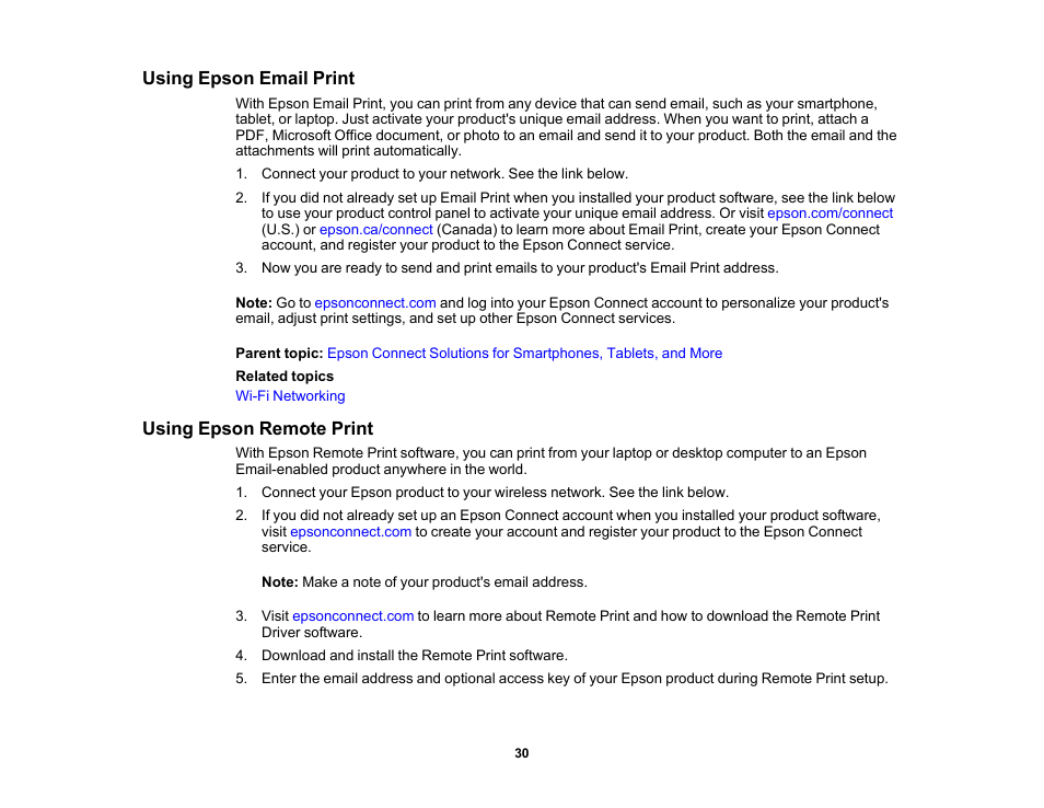 Using epson email print, Using epson remote print, Using epson email print using epson remote print | Epson WorkForce WF-2930 Wireless All-in-One Color Inkjet Printer User Manual | Page 30 / 327