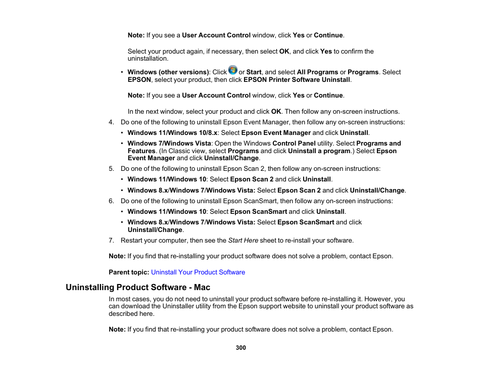 Uninstalling product software - mac | Epson WorkForce WF-2930 Wireless All-in-One Color Inkjet Printer User Manual | Page 300 / 327