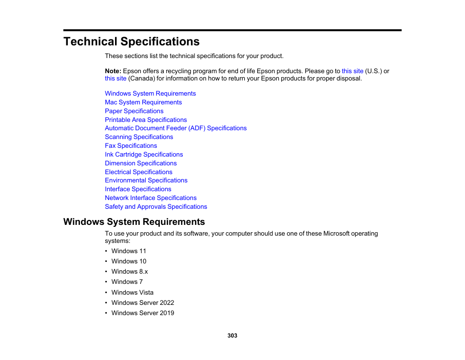 Technical specifications, Windows system requirements | Epson WorkForce WF-2930 Wireless All-in-One Color Inkjet Printer User Manual | Page 303 / 327