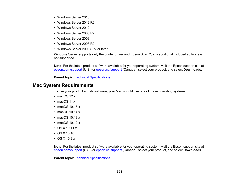 Mac system requirements | Epson WorkForce WF-2930 Wireless All-in-One Color Inkjet Printer User Manual | Page 304 / 327