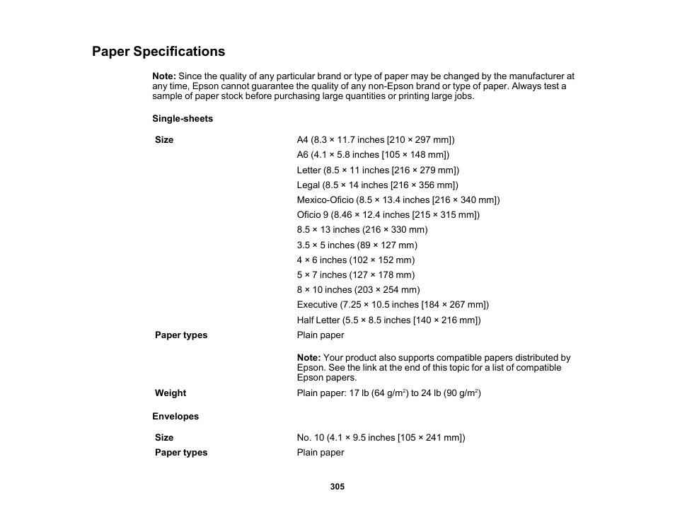 Paper specifications | Epson WorkForce WF-2930 Wireless All-in-One Color Inkjet Printer User Manual | Page 305 / 327