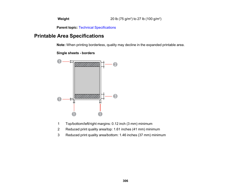 Printable area specifications | Epson WorkForce WF-2930 Wireless All-in-One Color Inkjet Printer User Manual | Page 306 / 327