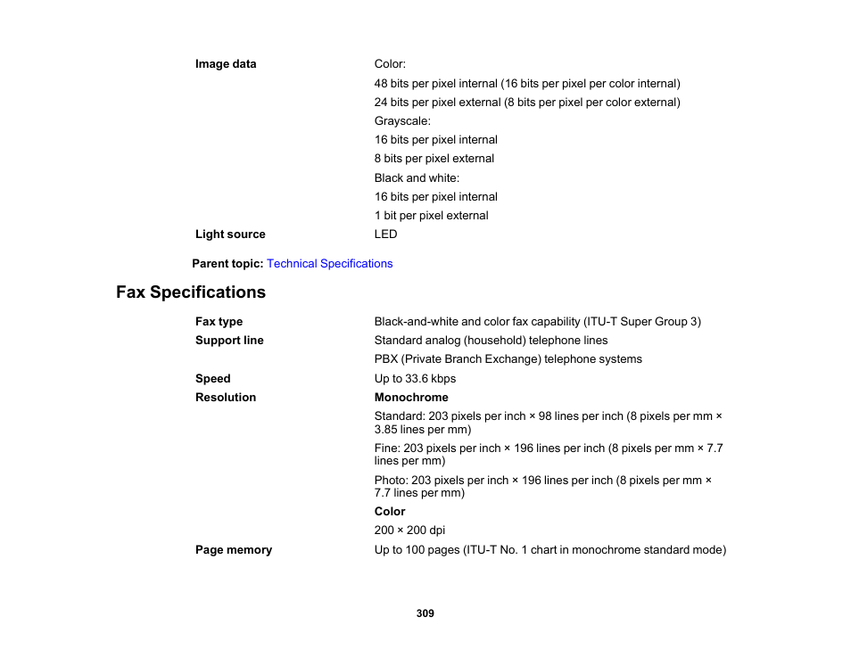 Fax specifications | Epson WorkForce WF-2930 Wireless All-in-One Color Inkjet Printer User Manual | Page 309 / 327