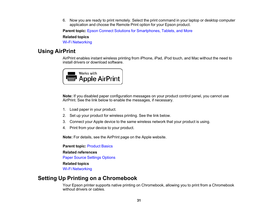 Using airprint, Setting up printing on a chromebook, Using airprint setting up printing on a chromebook | Epson WorkForce WF-2930 Wireless All-in-One Color Inkjet Printer User Manual | Page 31 / 327