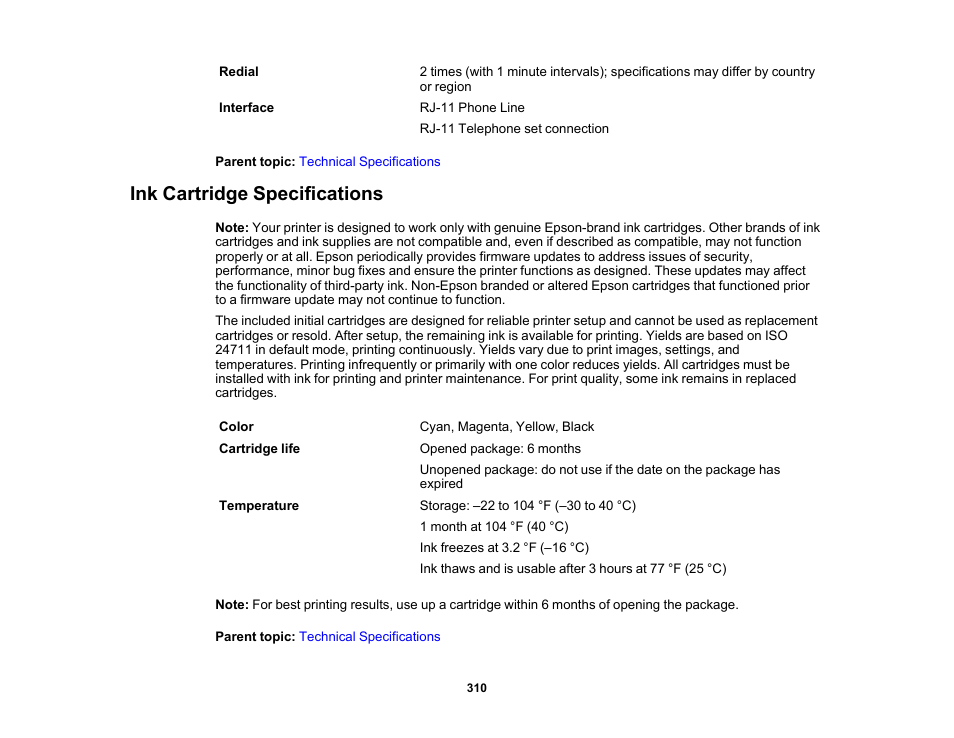 Ink cartridge specifications | Epson WorkForce WF-2930 Wireless All-in-One Color Inkjet Printer User Manual | Page 310 / 327