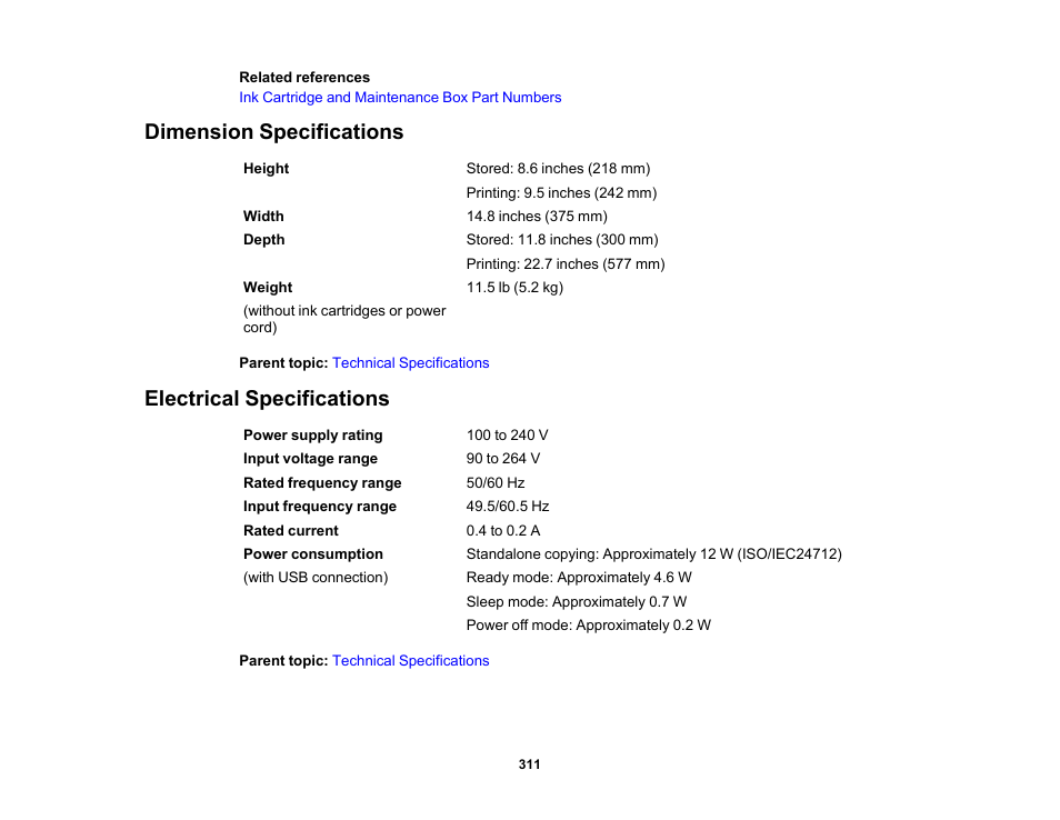 Dimension specifications, Electrical specifications, Dimension specifications electrical specifications | Epson WorkForce WF-2930 Wireless All-in-One Color Inkjet Printer User Manual | Page 311 / 327