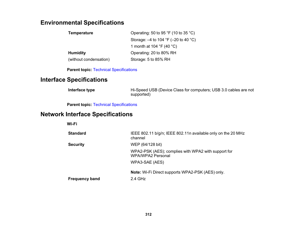 Environmental specifications, Interface specifications, Network interface specifications | Epson WorkForce WF-2930 Wireless All-in-One Color Inkjet Printer User Manual | Page 312 / 327