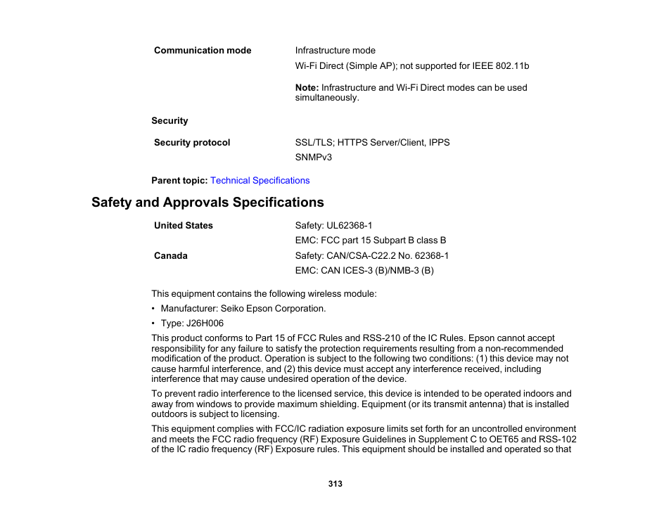 Safety and approvals specifications | Epson WorkForce WF-2930 Wireless All-in-One Color Inkjet Printer User Manual | Page 313 / 327