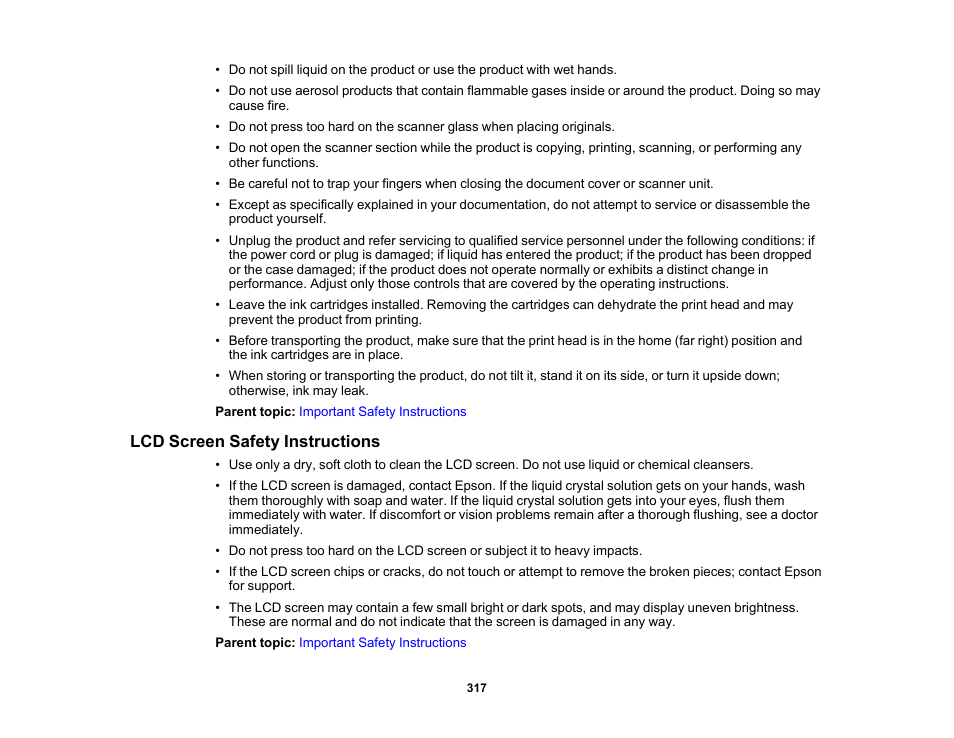 Lcd screen safety instructions | Epson WorkForce WF-2930 Wireless All-in-One Color Inkjet Printer User Manual | Page 317 / 327