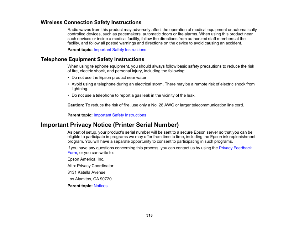 Wireless connection safety instructions, Telephone equipment safety instructions, Important privacy notice (printer serial number) | Epson WorkForce WF-2930 Wireless All-in-One Color Inkjet Printer User Manual | Page 318 / 327