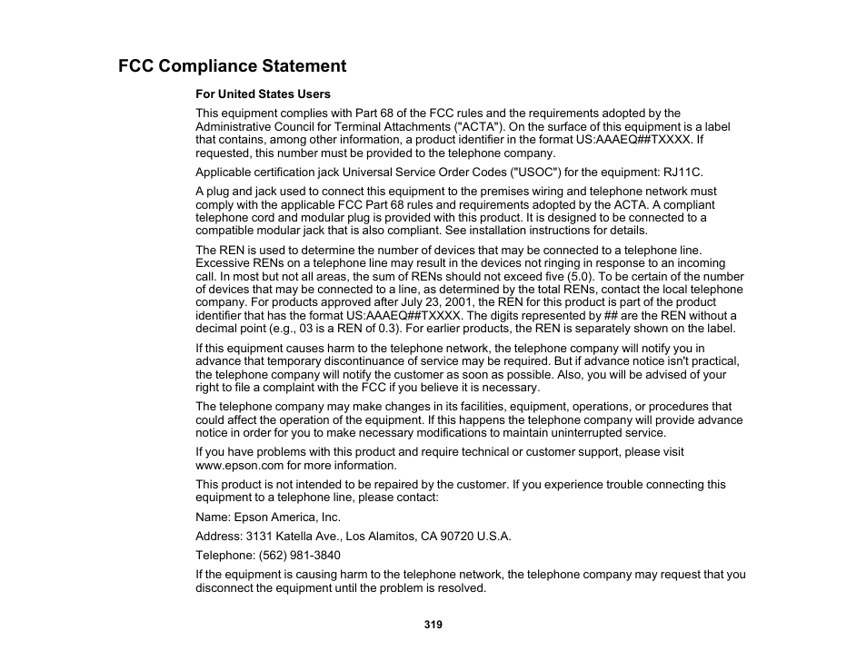 Fcc compliance statement | Epson WorkForce WF-2930 Wireless All-in-One Color Inkjet Printer User Manual | Page 319 / 327