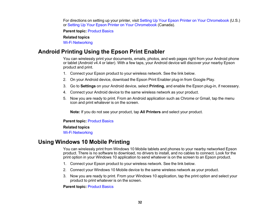 Android printing using the epson print enabler, Using windows 10 mobile printing | Epson WorkForce WF-2930 Wireless All-in-One Color Inkjet Printer User Manual | Page 32 / 327