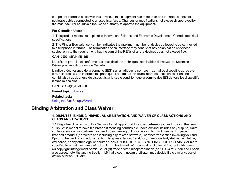 Binding arbitration and class waiver | Epson WorkForce WF-2930 Wireless All-in-One Color Inkjet Printer User Manual | Page 321 / 327