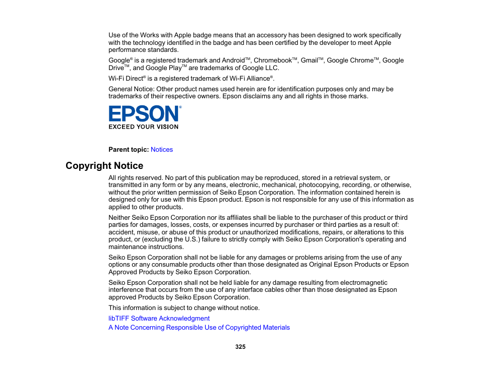 Copyright notice | Epson WorkForce WF-2930 Wireless All-in-One Color Inkjet Printer User Manual | Page 325 / 327