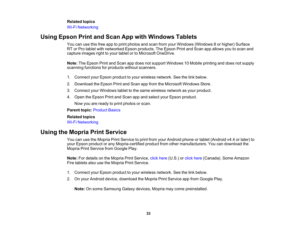 Using the mopria print service | Epson WorkForce WF-2930 Wireless All-in-One Color Inkjet Printer User Manual | Page 33 / 327