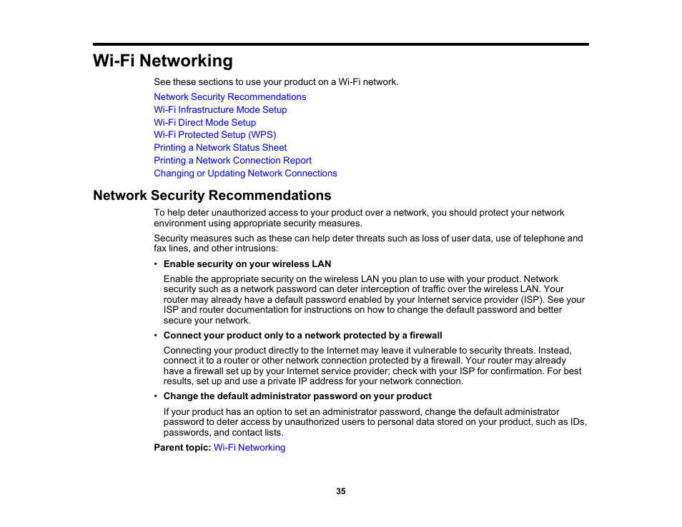 Wi-fi networking, Network security recommendations | Epson WorkForce WF-2930 Wireless All-in-One Color Inkjet Printer User Manual | Page 35 / 327