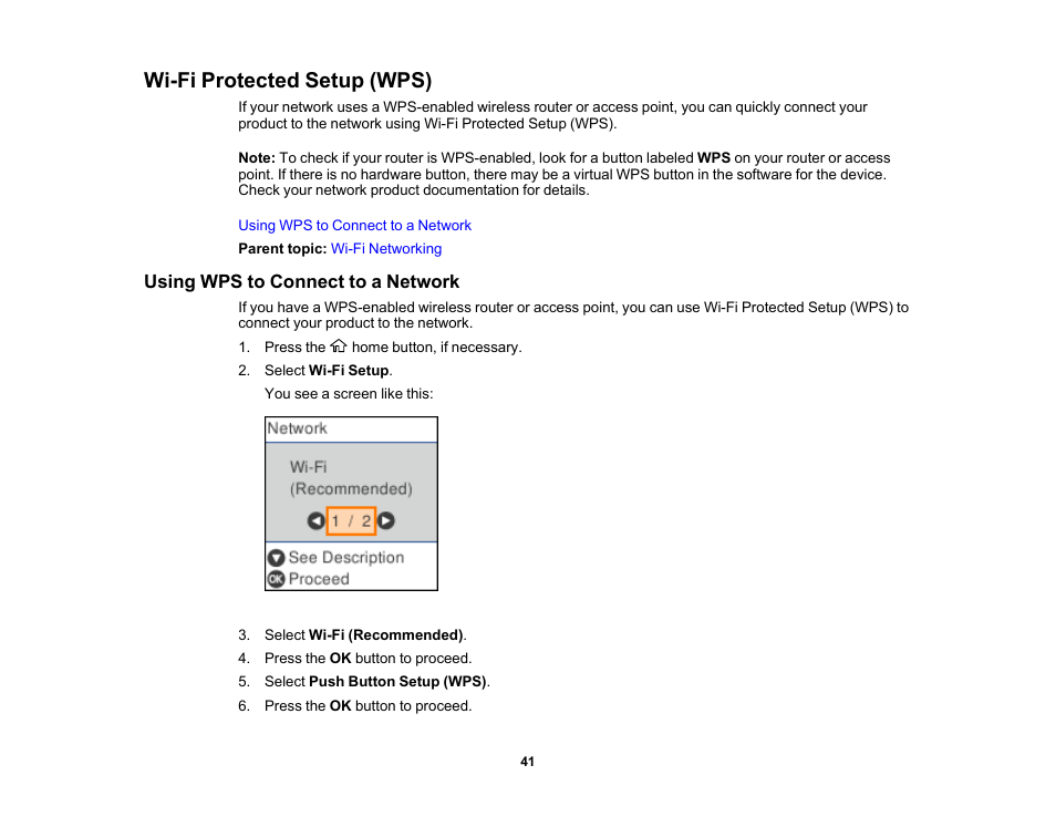 Wi-fi protected setup (wps), Using wps to connect to a network | Epson WorkForce WF-2930 Wireless All-in-One Color Inkjet Printer User Manual | Page 41 / 327