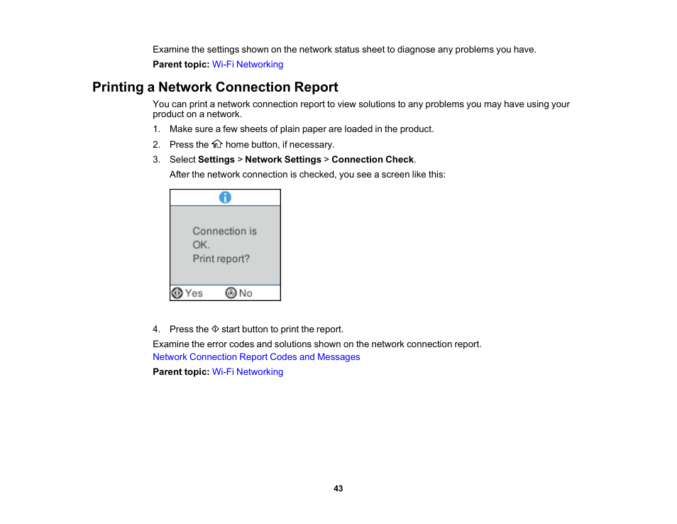 Printing a network connection report | Epson WorkForce WF-2930 Wireless All-in-One Color Inkjet Printer User Manual | Page 43 / 327