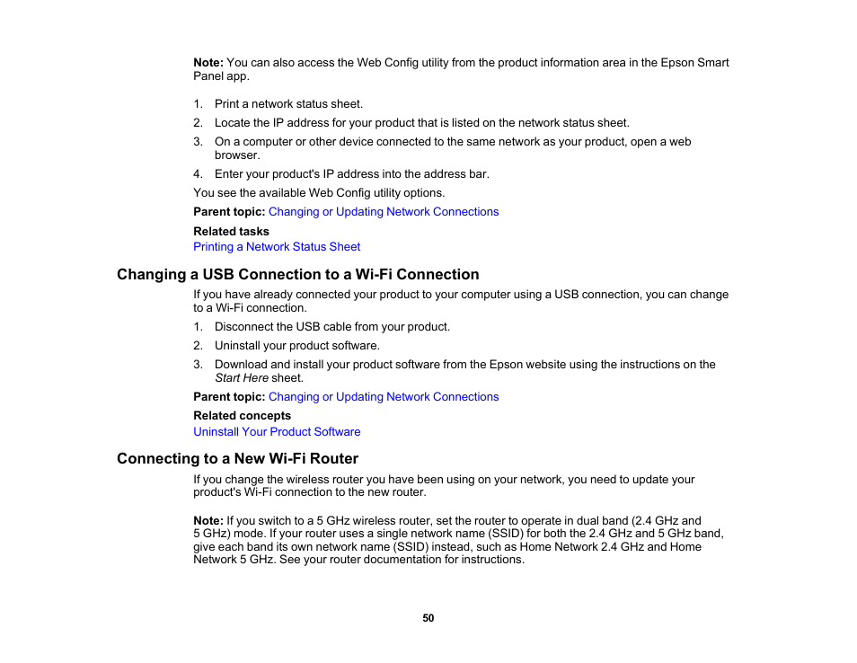 Changing a usb connection to a wi-fi connection, Connecting to a new wi-fi router | Epson WorkForce WF-2930 Wireless All-in-One Color Inkjet Printer User Manual | Page 50 / 327