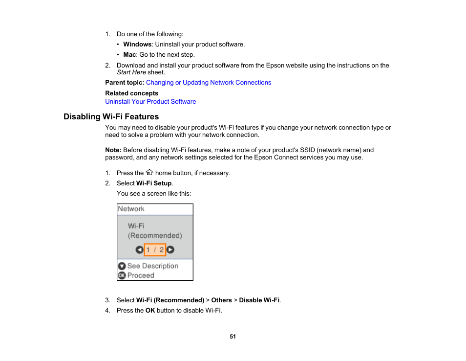 Disabling wi-fi features | Epson WorkForce WF-2930 Wireless All-in-One Color Inkjet Printer User Manual | Page 51 / 327