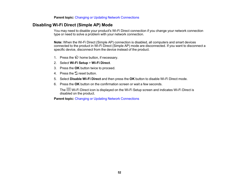 Disabling wi-fi direct (simple ap) mode | Epson WorkForce WF-2930 Wireless All-in-One Color Inkjet Printer User Manual | Page 52 / 327