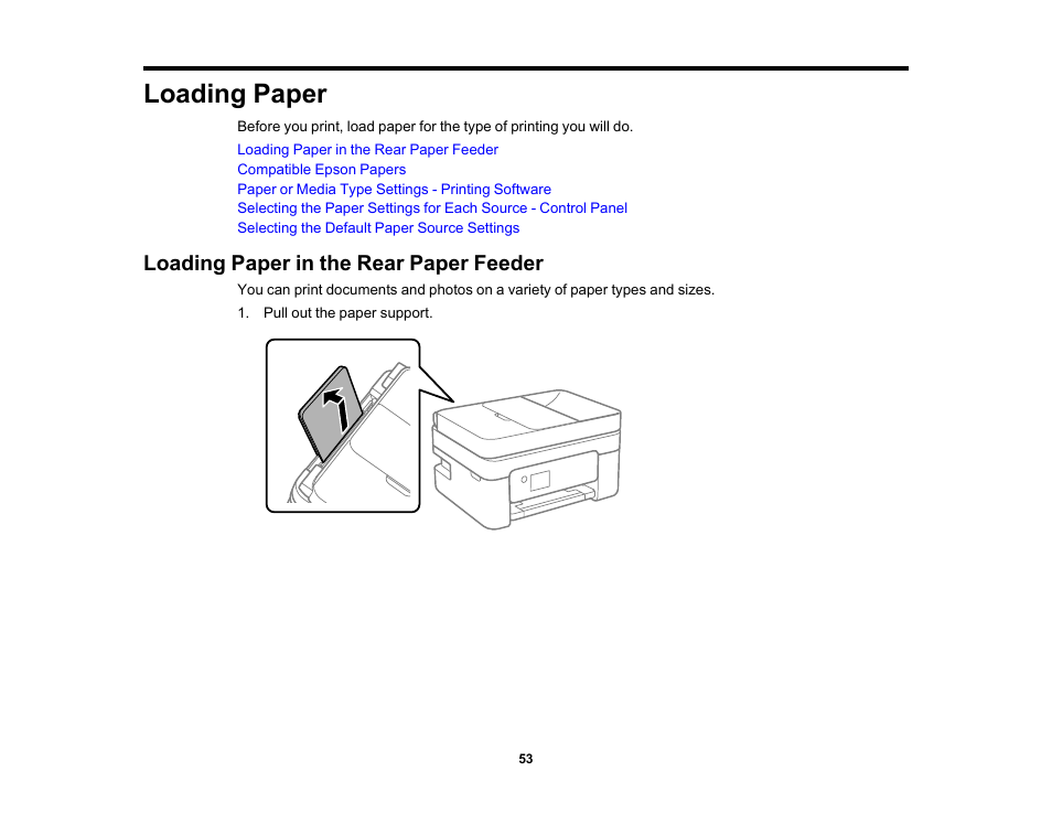 Loading paper, Loading paper in the rear paper feeder | Epson WorkForce WF-2930 Wireless All-in-One Color Inkjet Printer User Manual | Page 53 / 327