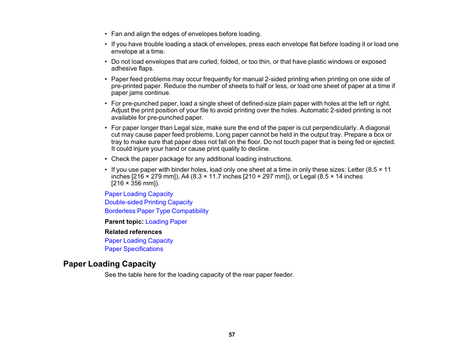 Paper loading capacity | Epson WorkForce WF-2930 Wireless All-in-One Color Inkjet Printer User Manual | Page 57 / 327
