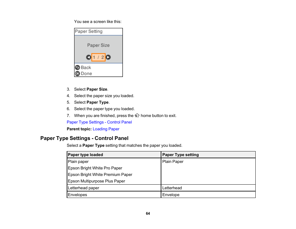 Paper type settings - control panel | Epson WorkForce WF-2930 Wireless All-in-One Color Inkjet Printer User Manual | Page 64 / 327