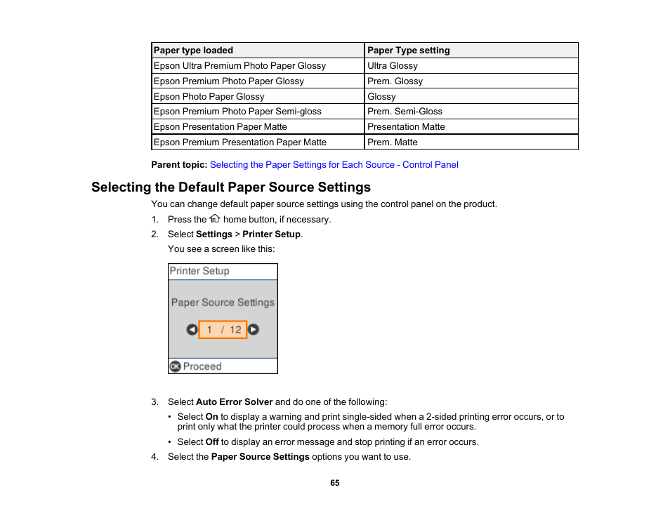 Selecting the default paper source settings | Epson WorkForce WF-2930 Wireless All-in-One Color Inkjet Printer User Manual | Page 65 / 327