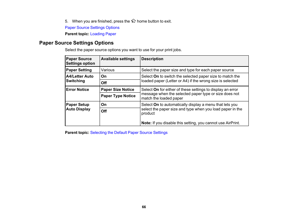 Paper source settings options | Epson WorkForce WF-2930 Wireless All-in-One Color Inkjet Printer User Manual | Page 66 / 327